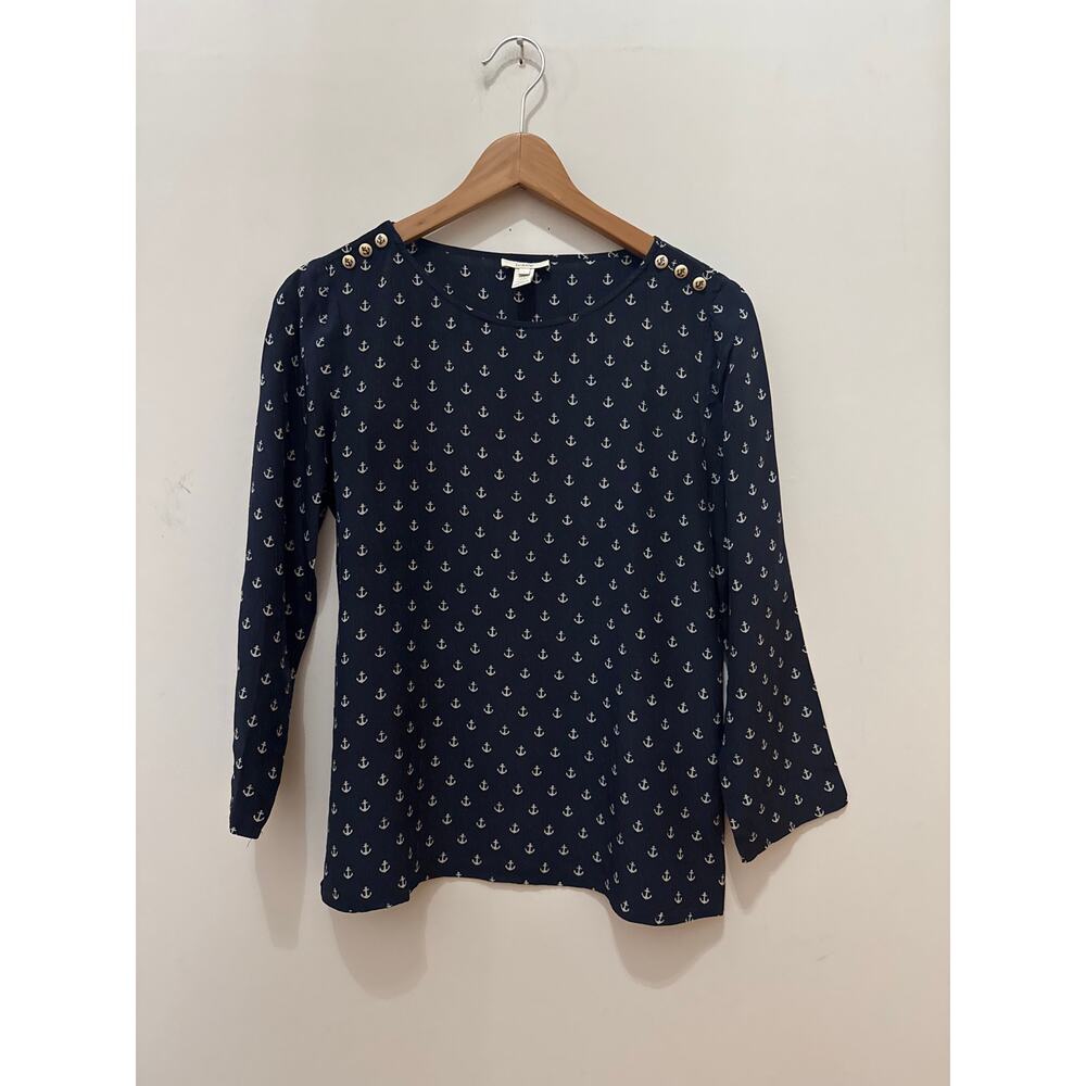 J.CREW Navy Anchor Print Blouse Size 6 100% Silk Coastal Fisherman Nautical